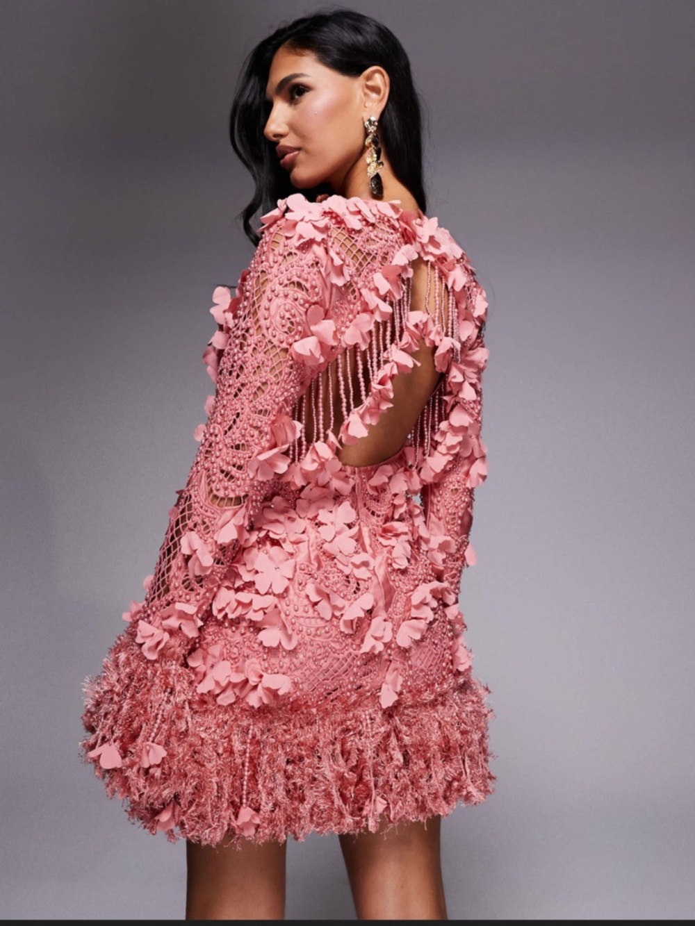 ASOS LUXE 3D floral embellished eyelet mini dress with faux feather trim Size 6 - Picture 4 of 12